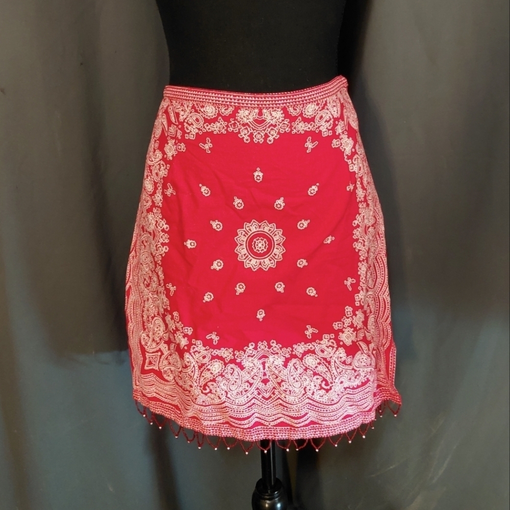 Vintage Boston Proper Red Bandanna Skirt With Beaded Scallop Trim Size Small